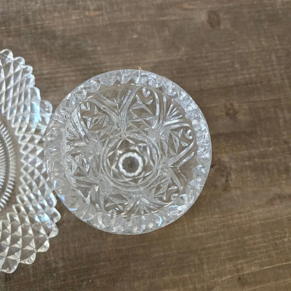 Vintage Pressed Glass Set Diamond Point Candy Dish and Toothpick Holder Clear
